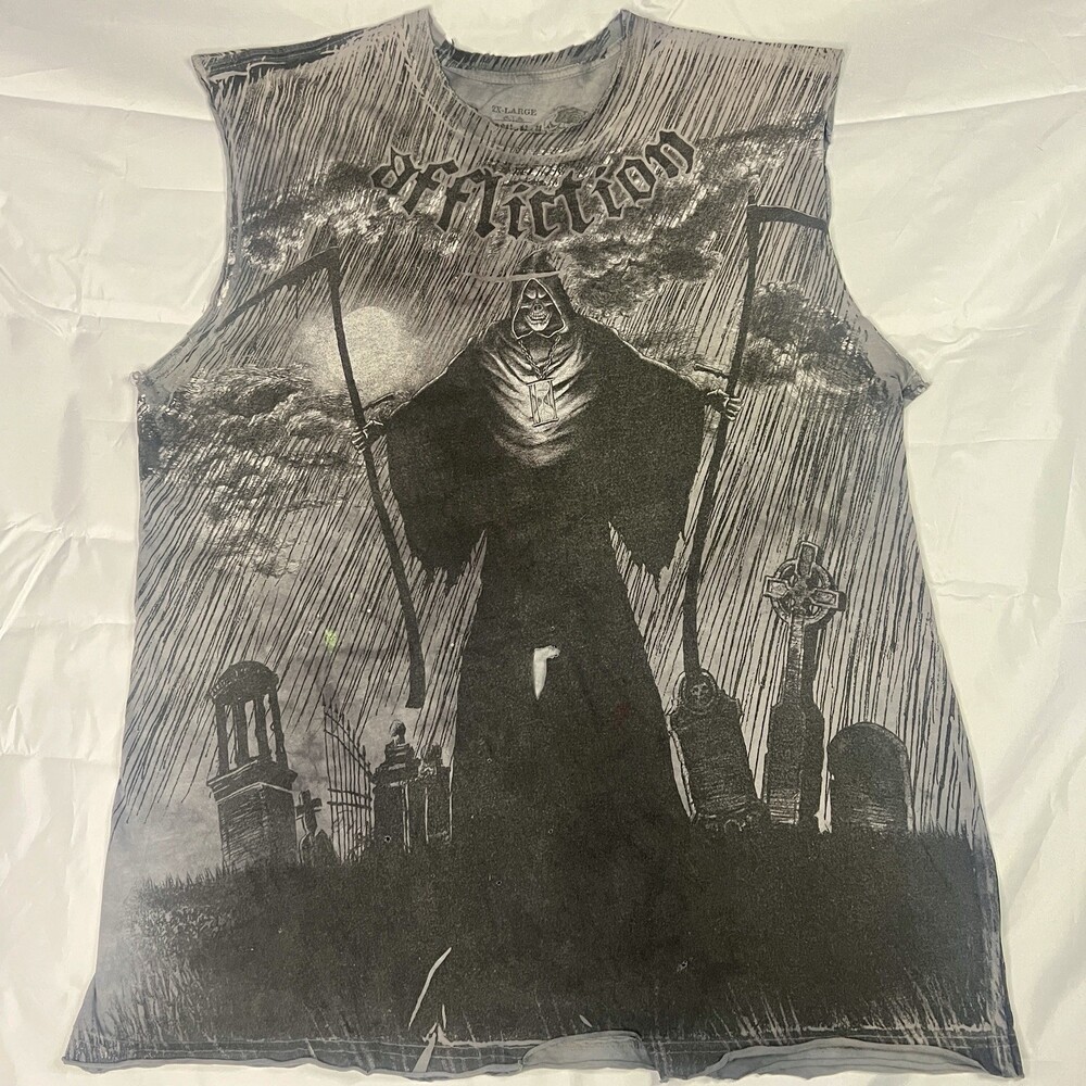 Affliction Shirt Mens XXL Black Grey Thrashed Cutoff Grunge Reaper Gothic Dark